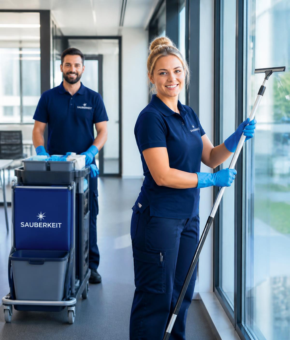 Professionelles Reinigungsteam bei der Fensterreinigung in einem modernen Büro